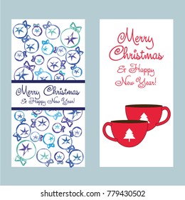 A set of Christmas and New Year greeting cards. Congratulation. Vector illustration.  Christmas ball,  star, fir