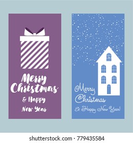 A set of Christmas and New Year greeting cards. Congratulation. Vector illustration.  snow, gift, house