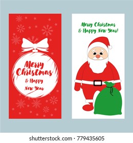 A set of Christmas and New Year greeting cards. Congratulation. Vector illustration. Santa, snow, gift, Christmas ball