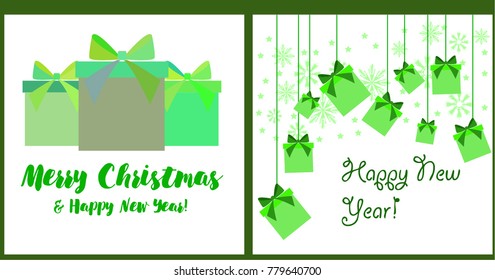 A set of Christmas and New Year greeting cards, gift box in green tones. Vector illustration.
