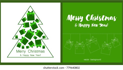 A set of Christmas and New Year greeting cards, gift box in green tones. Vector illustration.