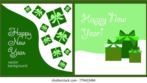 A set of Christmas and New Year greeting cards. New Year, gift box in green tones, greeting card. Vector illustration.