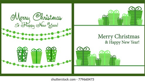 A set of Christmas and New Year greeting cards. New Year, gift box in green tones, greeting card. Vector illustration.