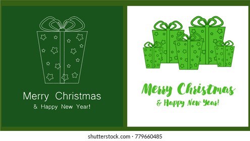 A set of Christmas and New Year greeting cards. New Year, gift box in green tones, greeting card. Vector illustration.