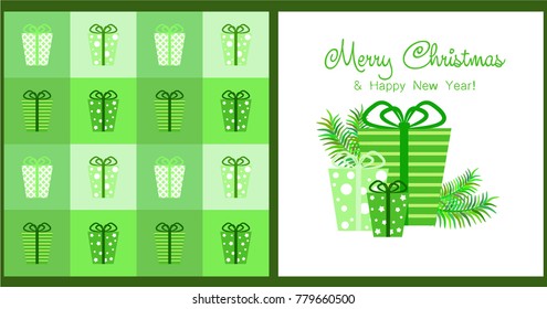 A set of Christmas and New Year greeting cards. New Year, gift box in green tones, greeting card. Vector illustration.