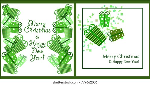 A set of Christmas and New Year greeting cards. New Year, gift box in green tones, greeting card. Vector illustration.