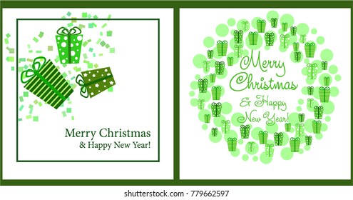 A set of Christmas and New Year greeting cards. New Year, gift box in green tones, greeting card. Vector illustration.