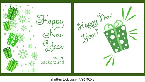 A set of Christmas and New Year greeting cards. New Year, gift box in green tones, greeting card. Vector illustration.
