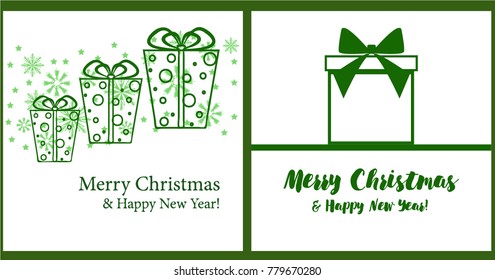 A set of Christmas and New Year greeting cards. New Year, gift box in green tones, greeting card. Vector illustration.