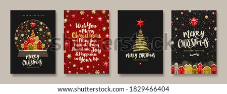 Set of Christmas and New Year greeting card.  Background with Christmas tree and decor. Vector illustration. Holiday design for greeting card, invitation, cover, calendar, etc.