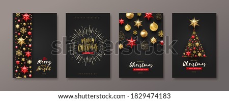 Set of Christmas and New Year greeting card.  Background with Christmas tree and decor. Vector illustration. Holiday design for greeting card, invitation, cover, calendar, etc.