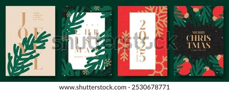 Set of Christmas and New Year greeting posters. Trendy vector illustration with Christmas fir tree branches, balls, snowflakes and typography design. New Year flyers for ads, cover, social media.