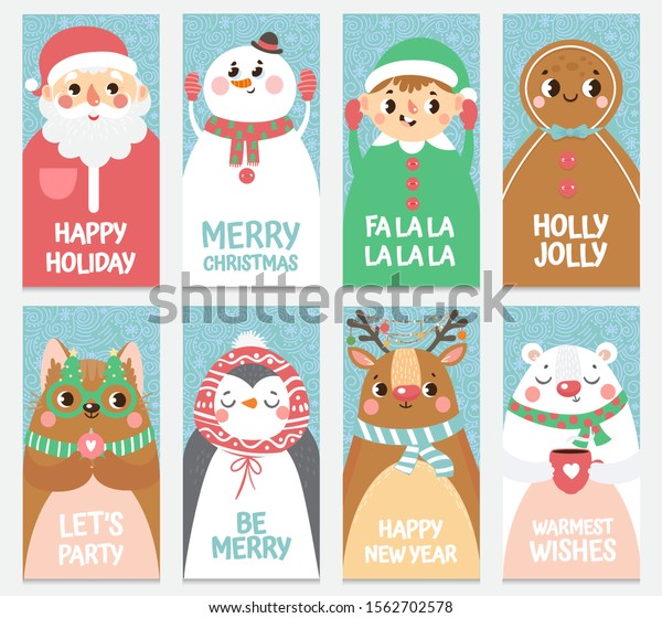 Set Von Weihnachten Und Neujahr Grusskarten Cute Stock Vektorgrafik Lizenzfrei