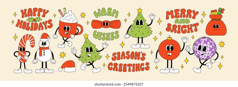 Set of christmas and new year groovy retro characters and retro lettering quotes. Vector outline illustration in vintage 60s 70s hippie style