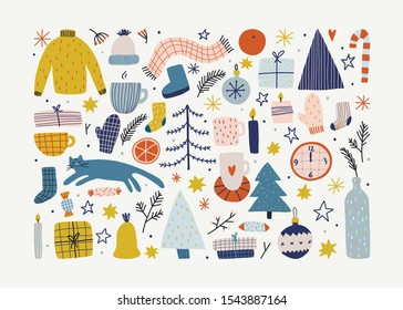 Set of Christmas and New Year hand drawing elements. Winter holiday design. Hand draw vector collection of Christmas winter symbols.