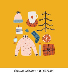 Set of Christmas and New Year hand drawing elements. Winter holiday design. Hand draw vector collection of Christmas winter symbols.