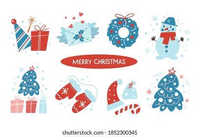 Set of Christmas and New Year hand drawing pattern isolated on white background. Vector flat illustration. Hand draw  collection of Christmas winter symbols for banner, greeting card, flyer, stickers