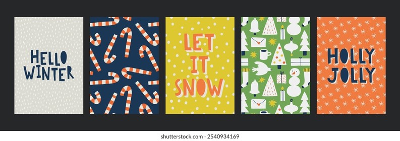 Set of Christmas and New Year hand drawing postcards. Winter holiday design. Hand draw vector collection of Christmas winter symbols. Cut out elements.