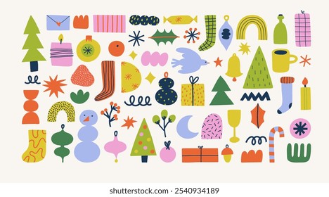 Set of Christmas and New Year hand drawing elements. Winter holiday design. Hand draw vector collection of Christmas winter symbols. Cut out elements.