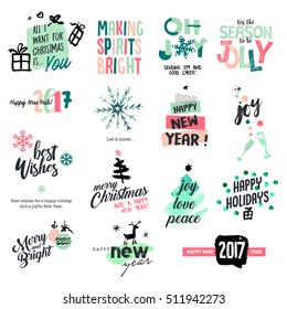 Set of Christmas and New Year hand drawn labels and stickers. Watercolor vector illustrations for greeting cards, website design, gift tags and marketing material. 