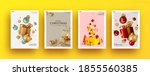 Set of Christmas and New Year holiday gift cards. Xmas banners, web poster, flyers and brochures, greeting cards, group bright covers. Design realistic Christmas decoration objects gift box and ball.