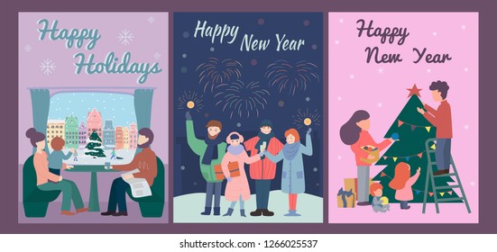 Set of Christmas and New Year holiday cards. Vector illustration in handrawn style.