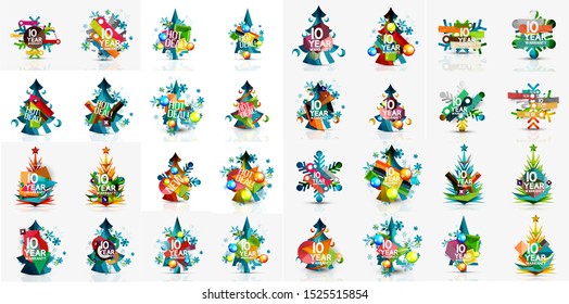 Set of Christmas and New Year holiday banners. Labels, stickers, discount and price tags, holiday icons with Christmas trees, snowflakes. Minimal geometric abstract symbols. Vector art