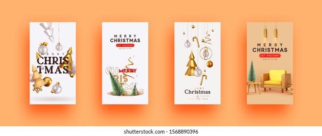 Set of Christmas and New Year holiday gift cards. Xmas banners, web poster, flyers and brochures, greeting cards, group bright covers. Design with realistic Christmas decoration objects.