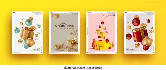 Set of Christmas and New Year holiday gift cards. Xmas banners, web poster, flyers and brochures, greeting cards, group bright covers. Design realistic Christmas decoration objects gift box and ball.