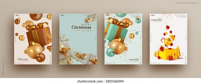 Set of Christmas and New Year holiday gift cards. Xmas banners, web poster, flyers and brochures, greeting cards, group bright covers. Design realistic Christmas decoration objects gift box and ball.