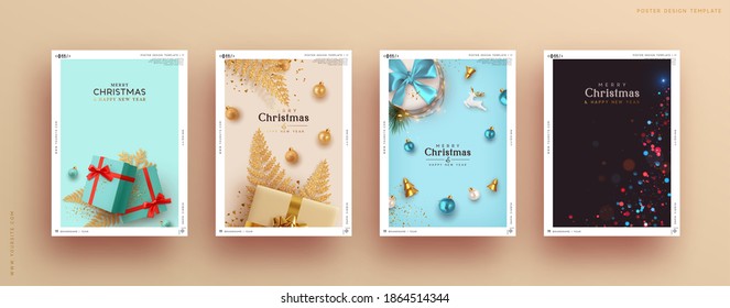 Set of Christmas and New Year holiday gift cards. Xmas banners, web poster, flyers and brochures, greeting cards, group bright covers. Design with realistic Christmas decoration objects gifts box.