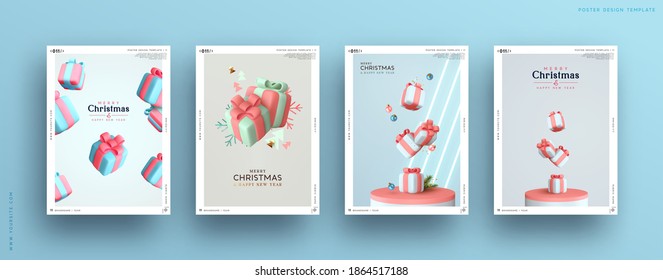 Set of Christmas and New Year holiday gift cards. Xmas banners, web poster, flyers and brochures, greeting cards, group bright covers. Design with realistic Christmas decoration objects Gifts Boxes