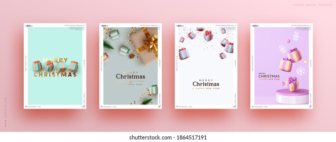 Set of Christmas and New Year holiday gift cards. Xmas banners, web poster, flyers and brochures, greeting cards, group bright covers. Design with realistic Christmas decoration objects gift box
