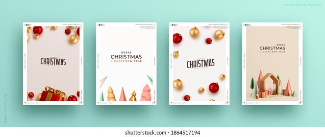 Set of Christmas and New Year holiday gift cards. Xmas banners, web poster, flyers and brochures, greeting cards, group bright covers. Design realistic Christmas decoration objects gift box and balls