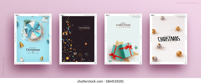 Set of Christmas and New Year holiday gift cards. Xmas banners, web poster, flyers and brochures, greeting cards, group bright covers. Design realistic Christmas decoration objects gift box and ball