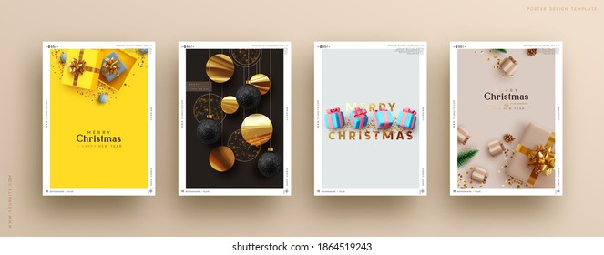 Set of Christmas and New Year holiday gift cards. Xmas banners, web poster, flyers and brochures, greeting cards, group bright covers. Design realistic Christmas decoration objects gift box and ball.