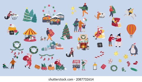 Conjunto de elementos de Navidad y Año Nuevo para tarjetas. Animador disfrazado de navidad, Santa claus y familia. Feria navideña de invierno. Vector de dibujos animados