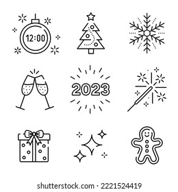 Set of Christmas and New Year holiday isolated black icons on white background. Vector illustration