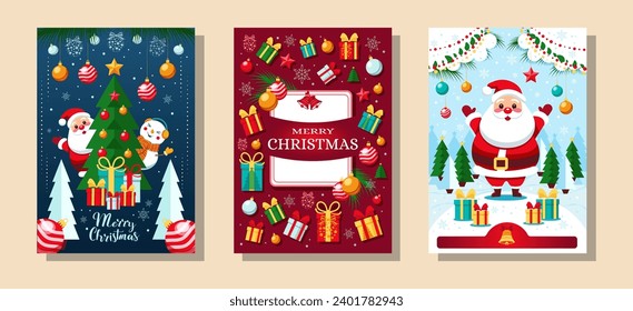 Set of christmas and new year holiday flyers with Christmas tree, santa claus and ornaments. Greeting card template, poster, postcard, postcard