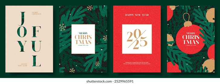 Conjunto de cartazes de Natal e Ano Novo. Ilustração vetor na moda com ramos de árvore de abeto de Natal, sinos de jingle e design de tipografia. Folhetos de Ano Novo minimalistas para anúncios, capa, mídia social.