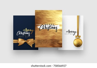 Set of Christmas and New Year holiday gift cards. Xmas banners, web poster, flyers and brochures, greeting cards, group bright covers. Design realistic Christmas decoration objects gift bow and ball 