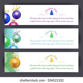 Set of Christmas or New year horizontal banners. Bright vector design with multicolored Christmas balls. 