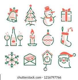 Set of Christmas New Year icons. Retro vintage outline style.