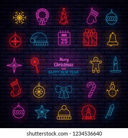 Set of Christmas and New Year icons in flat style with neon effect. Beautiful hanging Christmas decorations with wishes - card. Neon signboards, vibrant advertising. Transparent glow effect. light.
