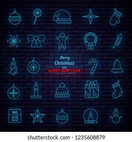 Set of Christmas and New Year icons in flat style with neon effect. Beautiful hanging Christmas decorations with wishes - card. Neon signboards, vibrant advertising. Transparent glow effect. light.