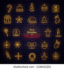 Set of Christmas and New Year icons in flat style with neon effect. Beautiful hanging Christmas decorations with wishes - card. Neon signboards, vibrant advertising. Transparent glow effect. light.