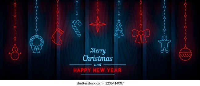 Set of Christmas and New Year icons in flat style with neon effect. Beautiful hanging Christmas decorations with wishes - card. Neon signboards, vibrant advertising. Transparent glow effect. light.