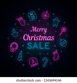 Set of Christmas and New Year icons in flat style with neon effect. Beautiful hanging Christmas decorations with wishes - card. Neon signboards, vibrant advertising. Transparent glow effect. light.