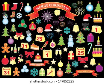 set of Christmas and New Year icons over black