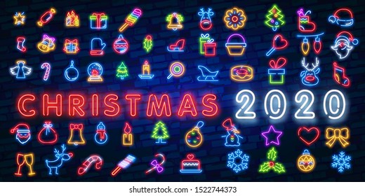 Set of Christmas and New Year icons in a flat style with neon effect. Transparent glow effect. Brick wall background.